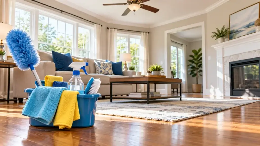 Bright, freshly cleaned living room with a caddy of cleaning supplies, microfiber cloths, and a duster on a hardwood floor
