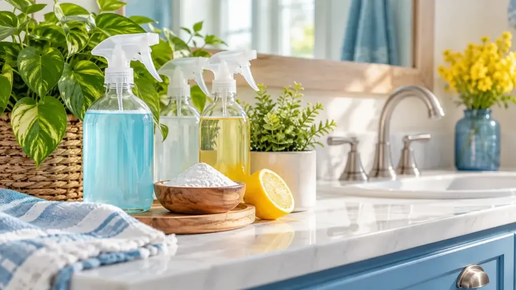 Septic-safe cleaning supplies on a bright bathroom vanity, including refillable spray bottles, baking soda, a lemon, and green plants